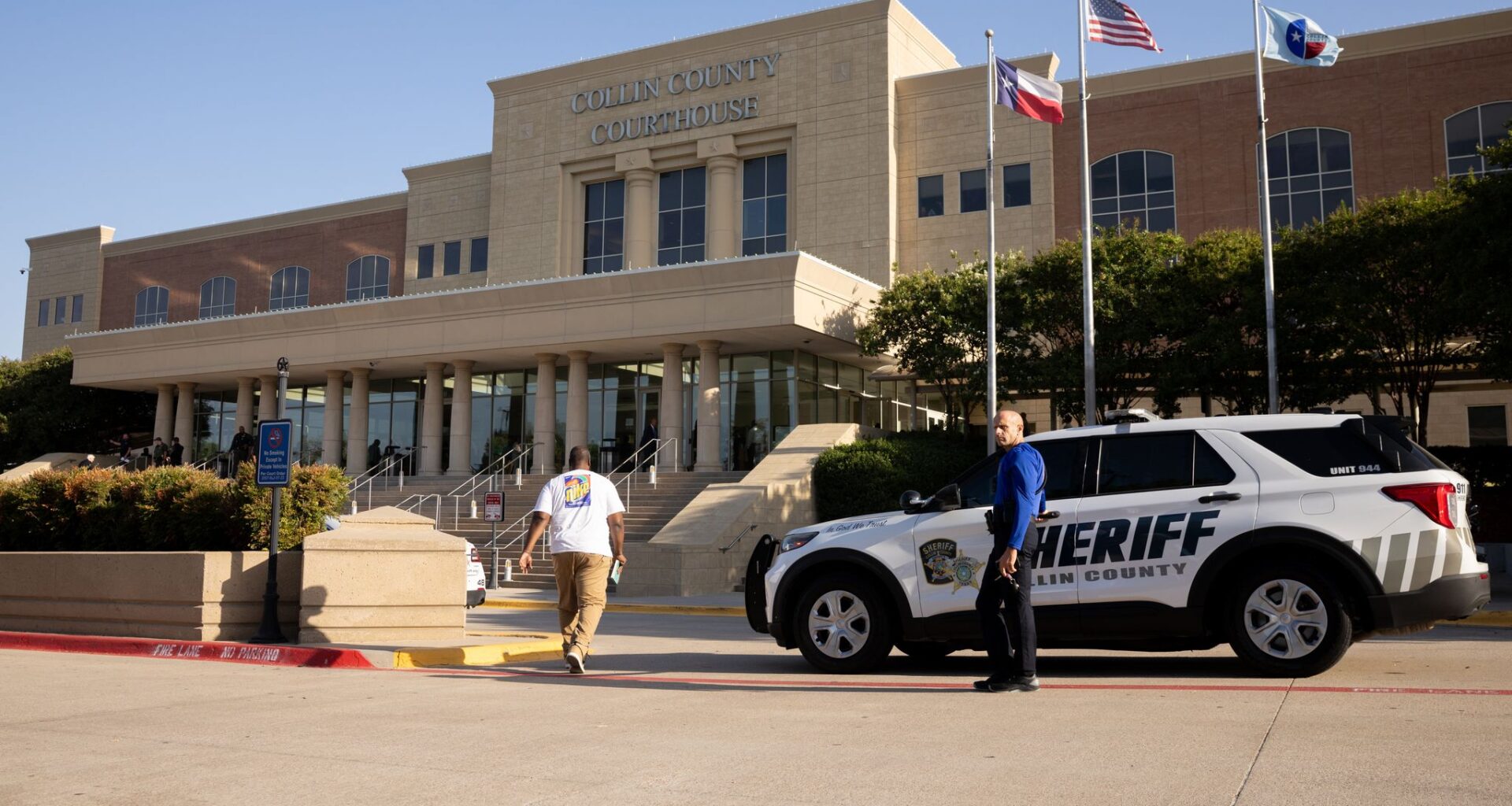 A member of the sheriff department stands outside before a hearing on Karmelo Anthony's motion for a new trial at the Collin County Courthouse in McKinney, Texas, Thursday, Aug. 20, 2026. Anthony was convicted of murder in June and sentenced to 35 years in prison for the fatal stabbing of Austin Metcalf at a high school track meet in Frisco.