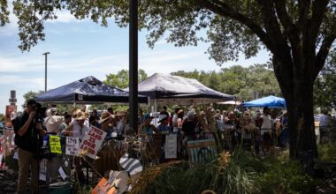 Dozens gather in opposition of border infrastructure projects in the Big Bend region before the Texas Parks and Wildlife Commission's public meeting in Austin on Aug. 18, 2026.