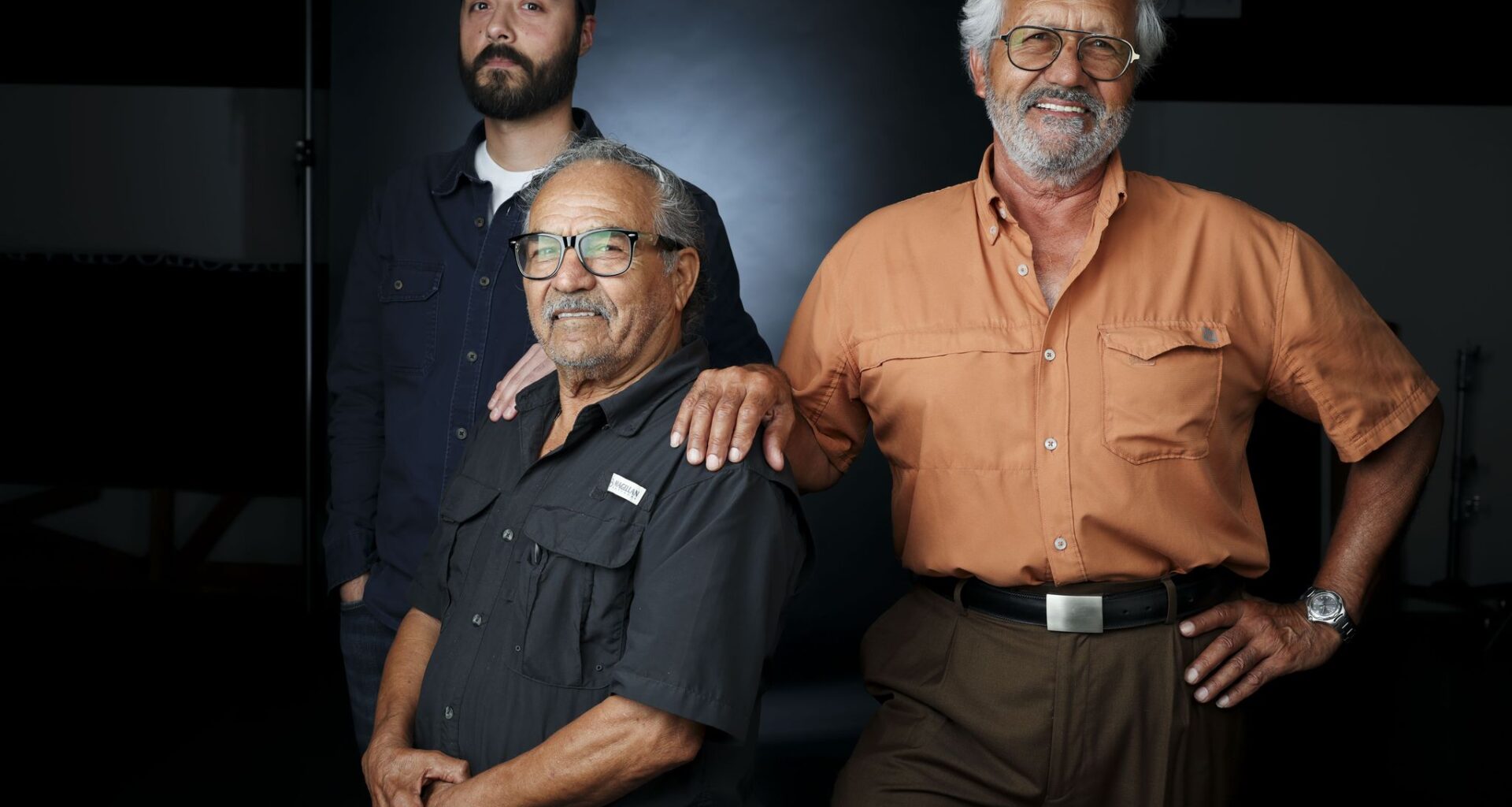 From left, Merced Elizondo poses with his grandfather’s brothers Juan Merced Elizondo, 81, and Sergio Manuel Elizondo, 72, at the Dallas Morning News studio, on Wednesday, July 29, 2026 in Dallas.