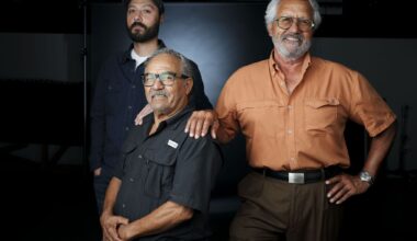 From left, Merced Elizondo poses with his grandfather’s brothers Juan Merced Elizondo, 81, and Sergio Manuel Elizondo, 72, at the Dallas Morning News studio, on Wednesday, July 29, 2026 in Dallas.