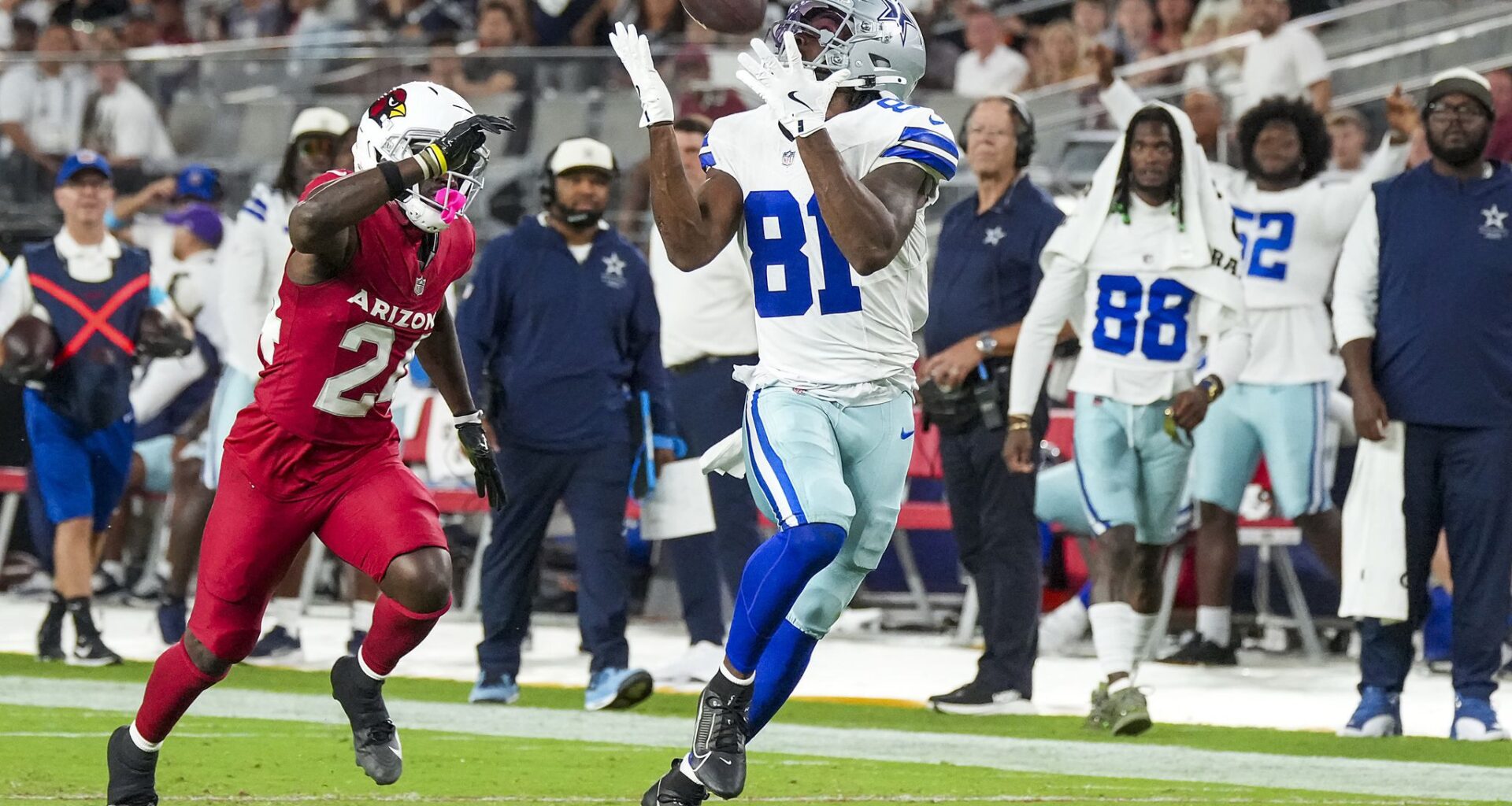 Dallas Cowboys quarterback Joe Milton (10) celebrates with offensive lineman Drew Shelton (67) after scoring on a one yard touchdown run during the first half of an NFL preseason football game against the Arizona Cardinals, Saturday, Aug. 22, 2026, in Phoenix.