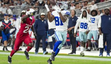 Dallas Cowboys quarterback Joe Milton (10) celebrates with offensive lineman Drew Shelton (67) after scoring on a one yard touchdown run during the first half of an NFL preseason football game against the Arizona Cardinals, Saturday, Aug. 22, 2026, in Phoenix.