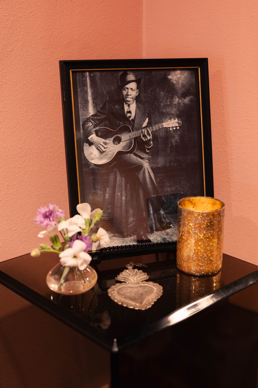 A photo of legendary bluesman Robert Johnson on display at the Gunter Hotel in San Antonio, TX.