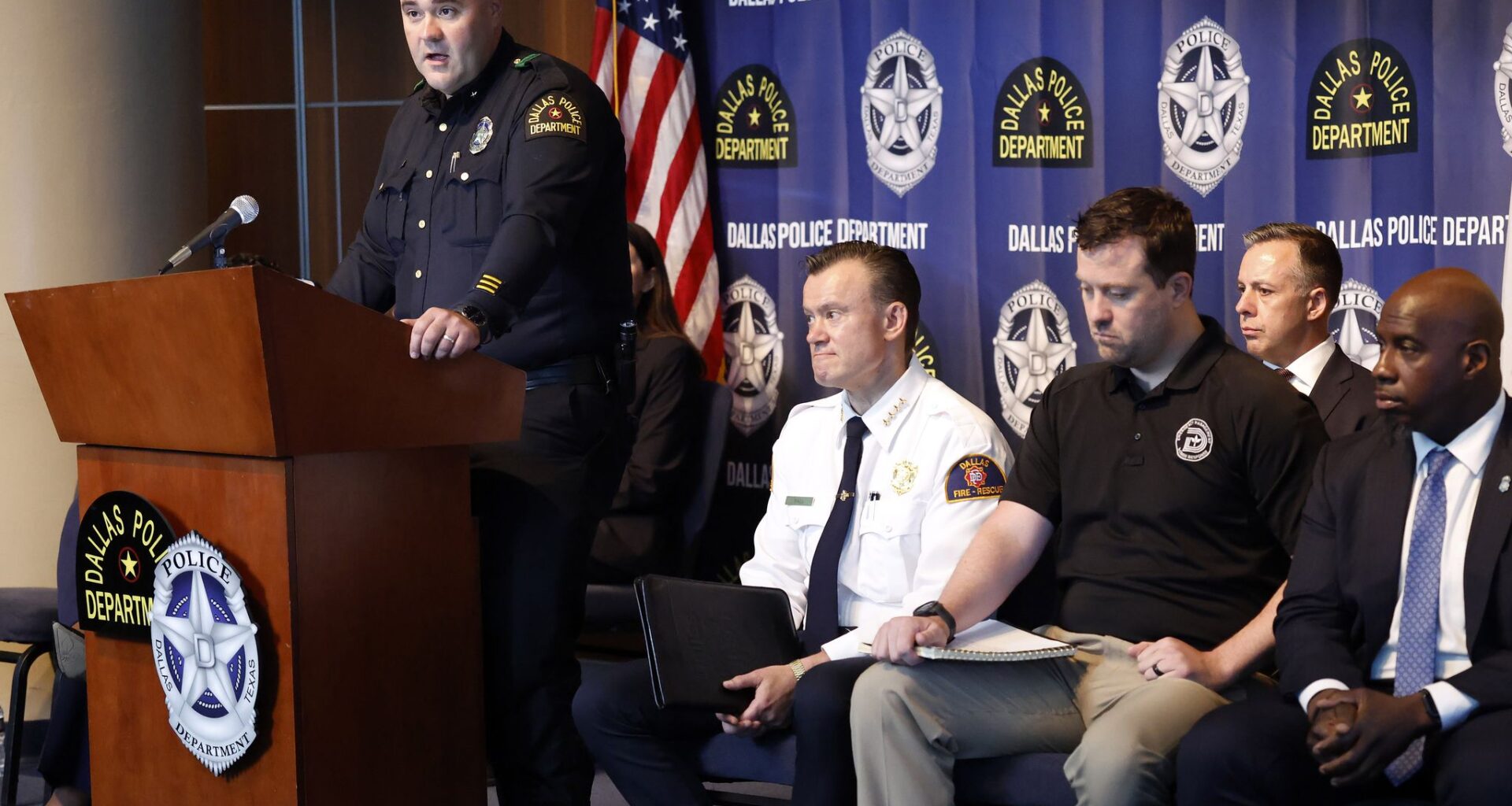 Dallas Police Department Deputy Chief Devon Paul addresses the media during a press conference held by the U.S. Secret Service and Dallas Police Department. Security plans for the Republican midterm convention scheduled for American Airlines Center on Sept. 9-10 were talked about at Dallas Police Headquarters, August 27, 2026.