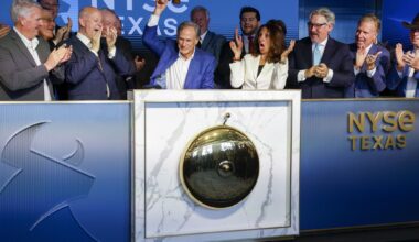 Gov. Greg Abbott rings the closing bell of the New York Stock Exchange as NYSE CEO Lynn Martin (center) reacts alongside NYSE President Bryan Daniel (second from right) during an event unveiling the NYSE Texas offices at Old Parkland on Thursday, Aug. 27, 2026, in Dallas.