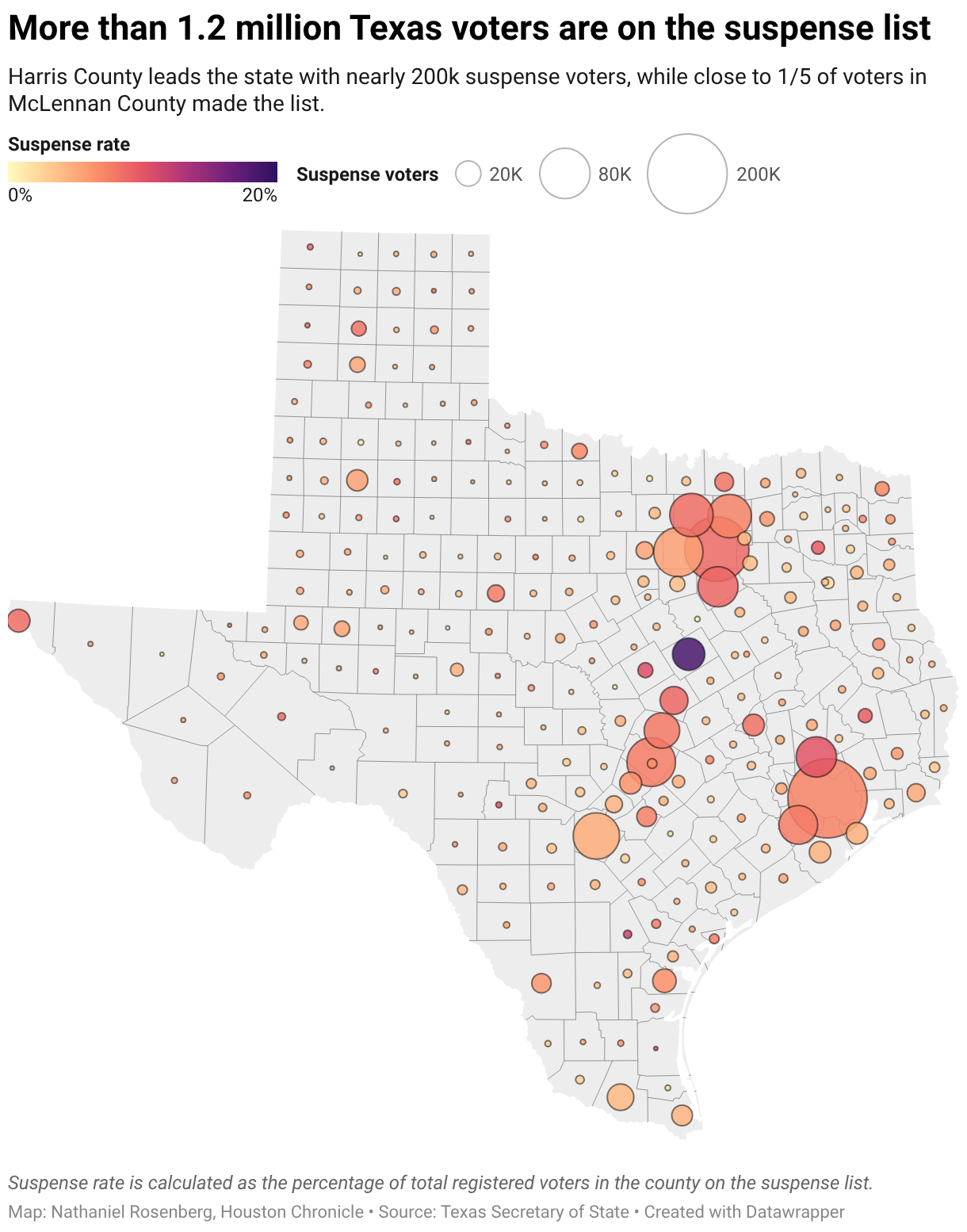 More than 1.2 million Texas voters are on the suspense list (Symbol map)