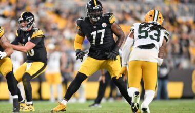 Aug 13, 2026; Pittsburgh, Pennsylvania, USA; Pittsburgh Steelers offensive tackle Broderick Jones (77) looks to block Green Bay Packers defensive end Arron Mosby (53) during the second half at Acrisure Stadium.