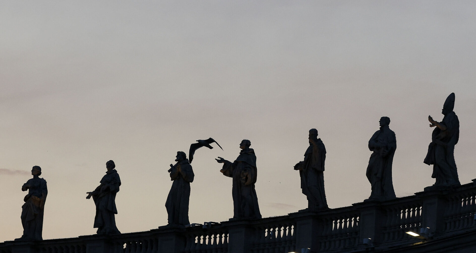 A silhouette of a seagull flies past the statues of the colonnade of St. Peter's Square in Vatican City.