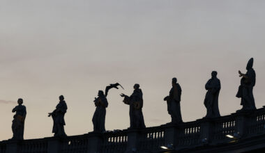 A silhouette of a seagull flies past the statues of the colonnade of St. Peter's Square in Vatican City.