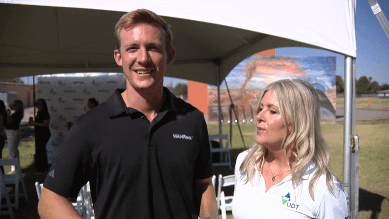 Jack Maddox, the director of business development for WANRACK and Andrea Kaufman, the pre-sales consultant for UDT. Aug. 26, 2026. Credit: KFOX14/CBS4