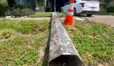 Action 13: Light pole knocked down onto NE Houston yard during crash picked up by CenterPoint a week later