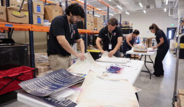 Hays Consolidated Independent School District employees prepare Bill of Rights posters in Kyle