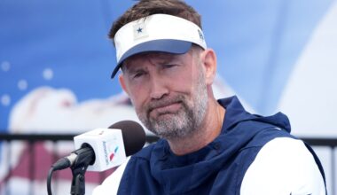 Jul 29, 2026; Oxnard, CA, USA; Dallas Cowboys Cowboys coach Brian Schottenheimer at training camp press conference at River Ridge Playing Fields.
