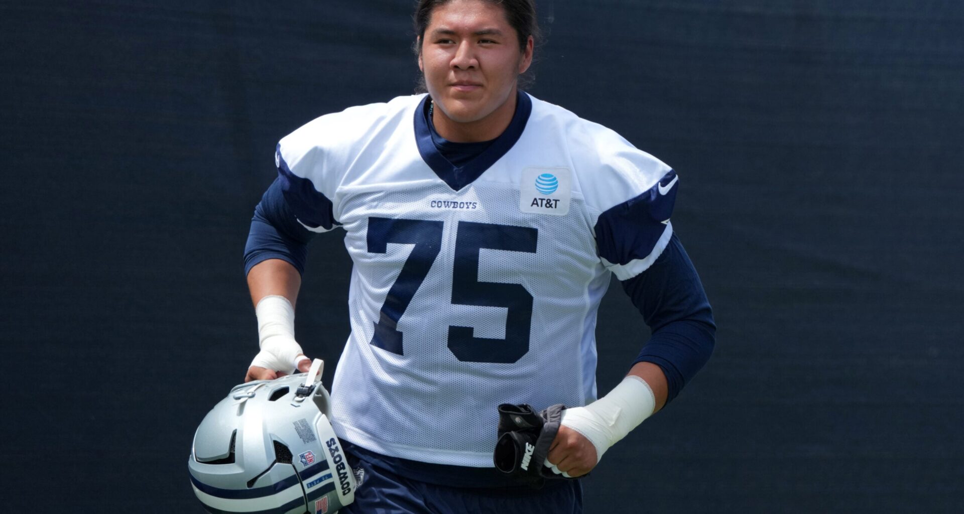 Jul 29, 2026; Oxnard, CA, USA; Dallas Cowboys tackle Shiyazh Pete (75) at training camp at River Ridge Playing Fields.