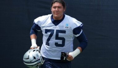 Jul 29, 2026; Oxnard, CA, USA; Dallas Cowboys tackle Shiyazh Pete (75) at training camp at River Ridge Playing Fields.