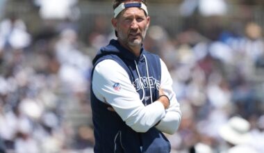 Aug 1, 2026; Oxnard, CA, USA; Dallas Cowboys coach Brian Schottenheimer at training camp at River Ridge Playing Fields.