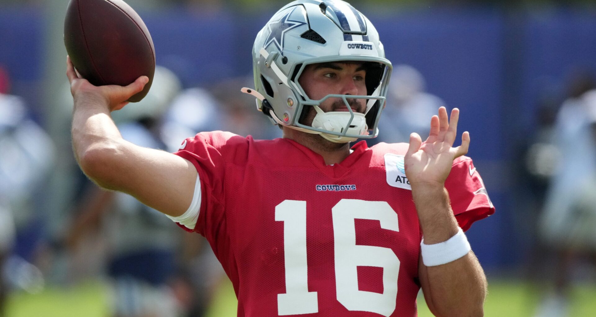Aug 11, 2026; Woodland Hills, CA, USA; Dallas Cowboys quarterback Sam Howell (16) throws the ball against the Los Angeles Rams during a joint practice at the Rams Practice Facility.