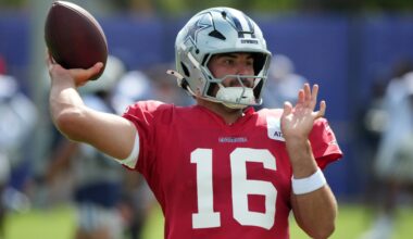 Aug 11, 2026; Woodland Hills, CA, USA; Dallas Cowboys quarterback Sam Howell (16) throws the ball against the Los Angeles Rams during a joint practice at the Rams Practice Facility.