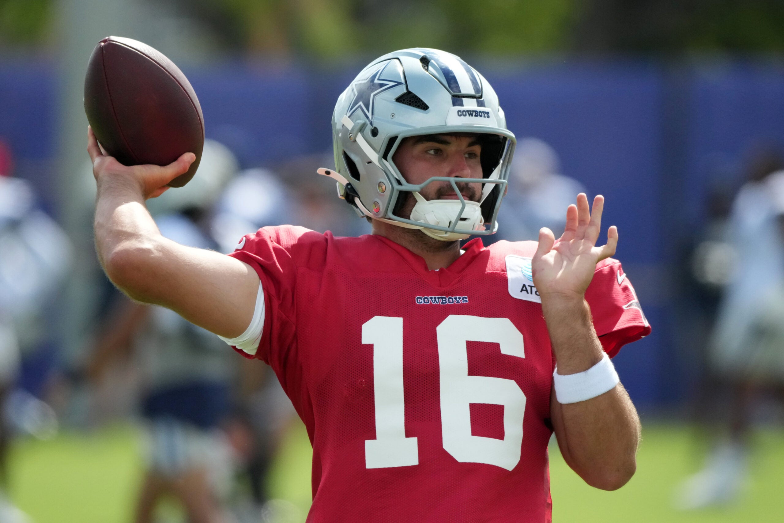 Aug 11, 2026; Woodland Hills, CA, USA; Dallas Cowboys quarterback Sam Howell (16) throws the ball against the Los Angeles Rams during a joint practice at the Rams Practice Facility.