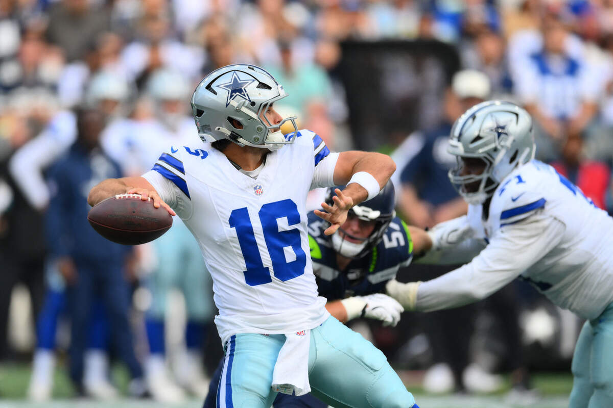 Dallas Cowboys quarterback Sam Howell passes during the first half of a preseason game against the Seattle Seahawks on Saturday at Lumen Field in Seattle.