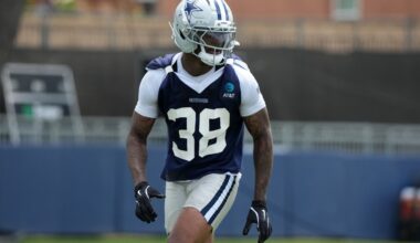 Jul 29, 2026; Oxnard, CA, USA; Dallas Cowboys safety Alijah Clark (38) at training camp at River Ridge Playing Fields.