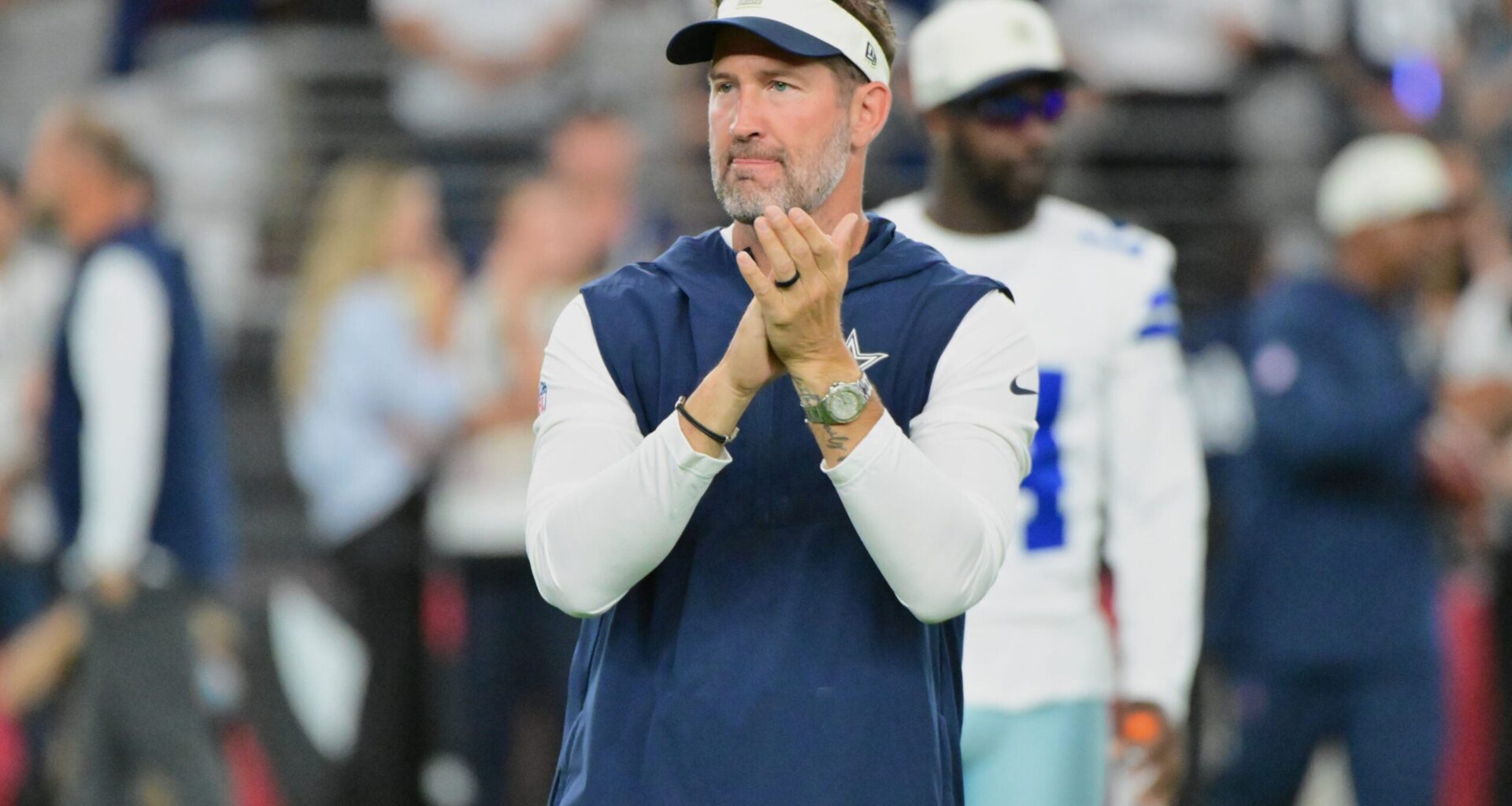 Aug 22, 2026; Glendale, Arizona, USA; Dallas Cowboys head coach Brian Schottenheimer looks on prior to the game against the Arizona Cardinals at State Farm Stadium.