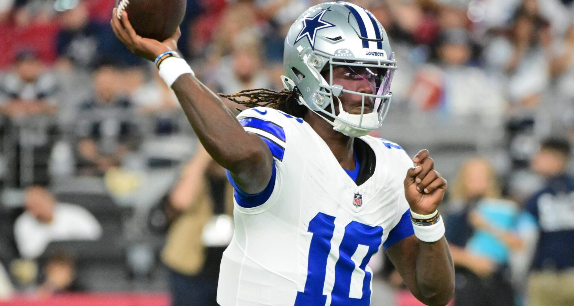 Aug 22, 2026; Glendale, Arizona, USA; Dallas Cowboys quarterback Joe Milton III (10) throws a pass in the first half against the Arizona Cardinals at State Farm Stadium.