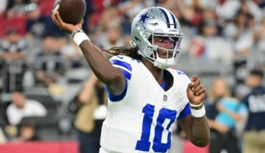Aug 22, 2026; Glendale, Arizona, USA; Dallas Cowboys quarterback Joe Milton III (10) throws a pass in the first half against the Arizona Cardinals at State Farm Stadium.