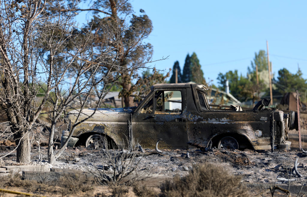 A vehicle that burned at the Hawk Fire in Reno