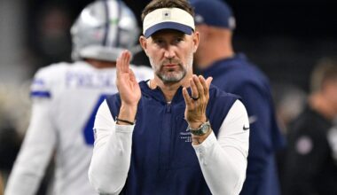 Aug 28, 2026; Arlington, Texas, USA; Dallas Cowboys head coach Brian Schottenheimer looks on during warm ups before the game against the New Orleans Saints at AT&T Stadium.
