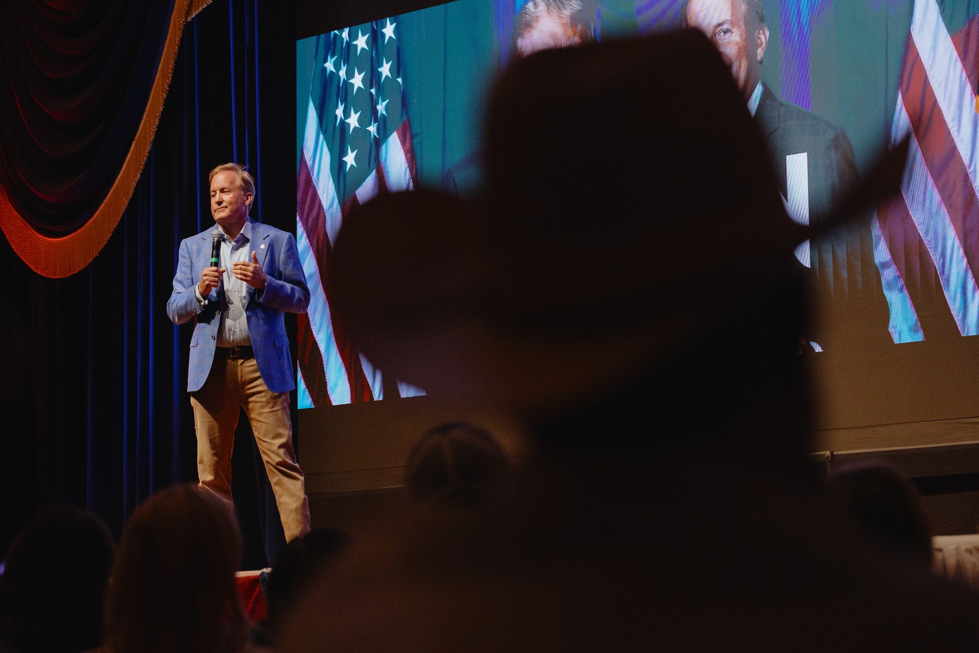 Republican candidate for U.S. senate and state Attorney General Ken Paxton speaks at the Red River Roll Call, a Republican rally hosted by Texas Rep. Shelley Luther in Sherman on July 27, 2026.