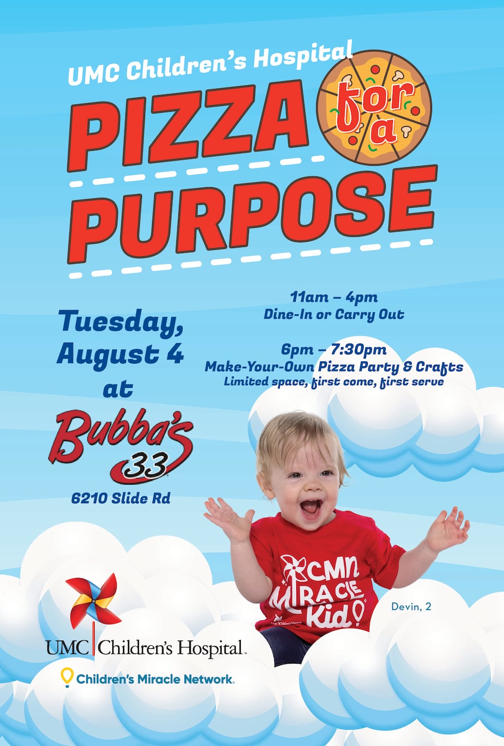 Bubba’s 33 will donate a portion of proceeds from qualifying pizza purchases to UMC Children’s...