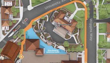 The pedestrian walkway between the Undergraduate Learning Center (UGLC) and the Centennial Museum is temporarily closed due to ongoing work to replace water and sewer lines to the Centennial Museum.
