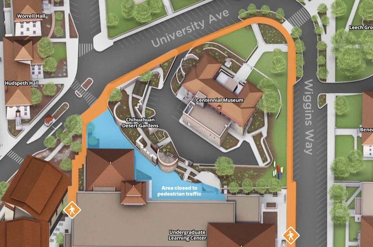 The pedestrian walkway between the Undergraduate Learning Center (UGLC) and the Centennial Museum is temporarily closed due to ongoing work to replace water and sewer lines to the Centennial Museum.