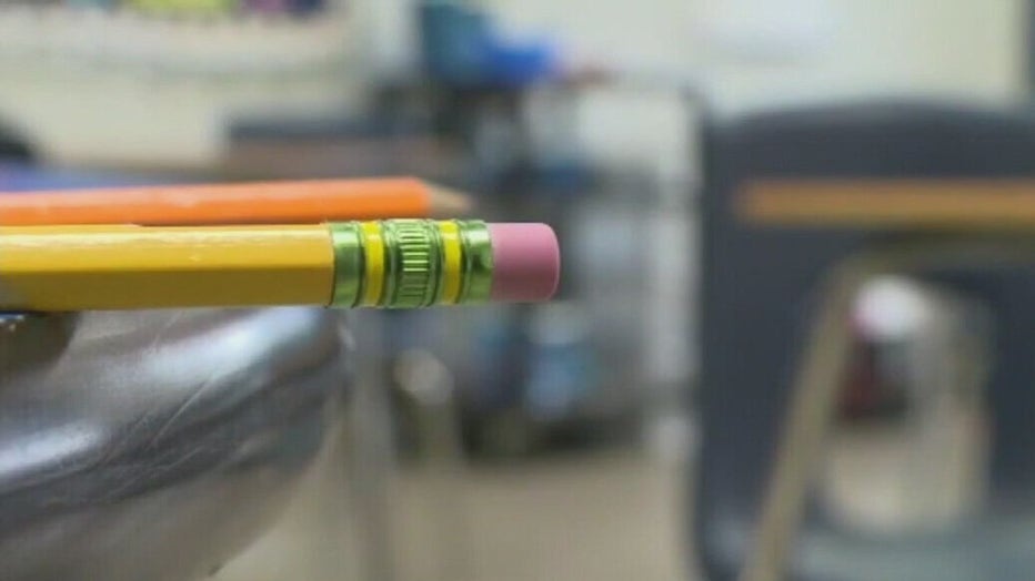 Pencils are seen on a desk in an Austin, Texas, classroom in this undated image.