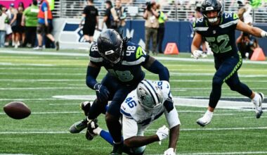 Seattle Seahawks linebacker Tyrice Knight breaks up a pass to Dallas Cowboys tight end Michael Trigg during an NFL preseason game on Saturday, Aug. 15, 2026 at Lumen Field in Seattle. (Photo courtesy of Seattle Seahawks)