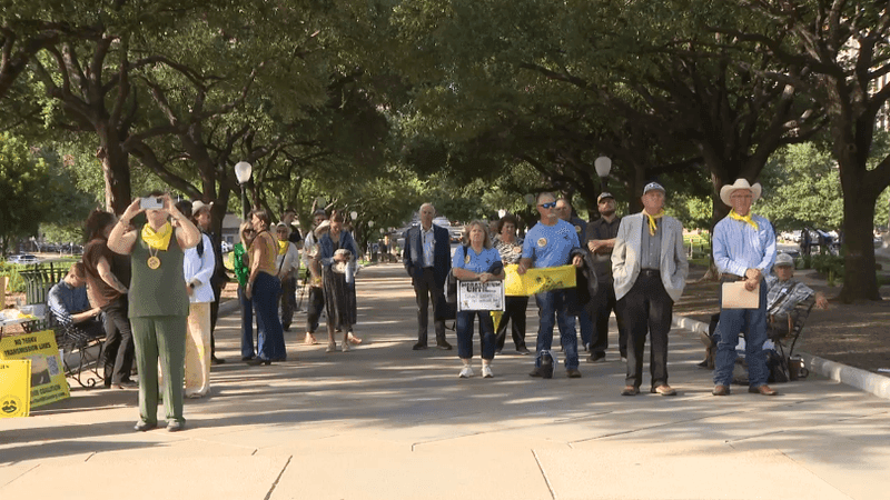 Texans gathered outside the State Capitol to speak out against the pace of ERCOT's 765 kV transmission line project (Photo: CBS Austin)