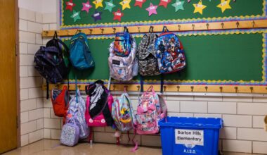 Backpacks outside a classroom on the first day of school at Barton Hills Elementary in Austin, TX  on Tuesday, August 17, 2021.