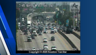Law enforcement respond to crash on southbound North Freeway at Richey Road