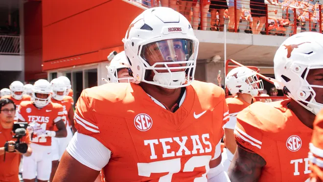 Aug 31, 2024; Austin, Texas, USA; Texas Longhorns lineman Brandon Baker (73) before a game at Darrell K Royal-Texas Memorial Stadium. Mandatory Credit: Aaron Meullion-USA TODAY Sports