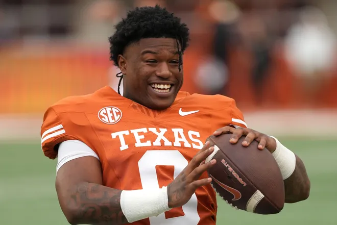 AUSTIN, TEXAS - APRIL 18: Raleek Brown #0 of the Texas Longhorns warms up before the Texas Spring Football Game at Darrell K Royal-Texas Memorial Stadium on April 18, 2026 in Austin, Texas.