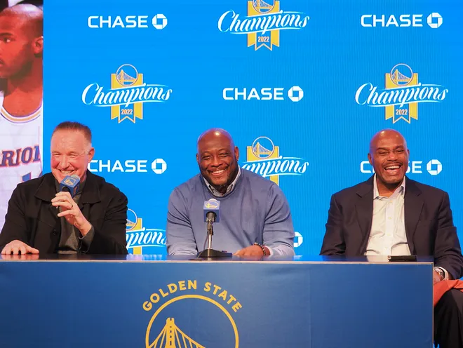 Nov 14, 2022; San Francisco, California, USA; Former Golden State Warriors players Chris Mullin, Mitch Richmond, and Tim Hardaway, collectively known as “Run TMC”, smile during a press conference before the game against the San Antonio Spurs at Chase Center. Mandatory Credit: Kelley L Cox-USA TODAY Sports
