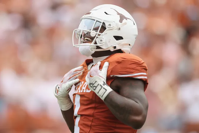 AUSTIN, TEXAS - SEPTEMBER 06: Colin Simmons #1 of the Texas Longhorns reacts after a sack in the first half against the San Jose State Spartans at Darrell K Royal-Texas Memorial Stadium on September 06, 2025 in Austin, Texas. (Photo by Tim Warner/Getty Images)