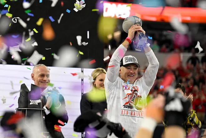 Dec 6, 2025; Arlington, TX, USA; Texas Tech Red Raiders head coach Joey McGuire celebrates after the win against the BYU Cougars at AT & T Stadium. Mandatory Credit: Jerome Miron-Imagn Images