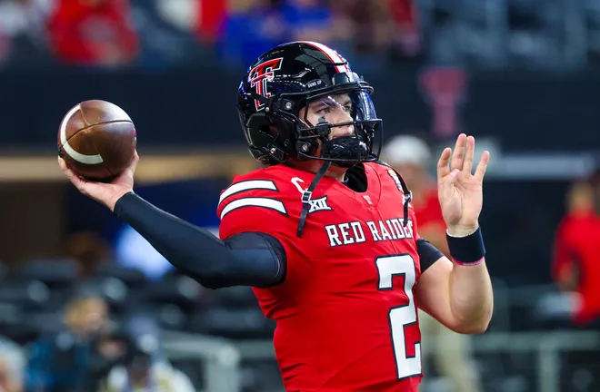 Dec 6, 2025; Arlington, TX, USA; Texas Tech Red Raiders quarterback Behren Morton (2) warms up before the game against the BYU Cougars at AT & T Stadium. Mandatory Credit: Kevin Jairaj-Imagn Images