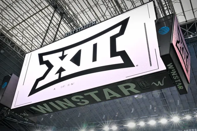 Dec 6, 2025; Arlington, TX, USA; A view of the Big 12 logo and scoreboard before the game between the Texas Tech Red Raiders and the BYU Cougars at AT & T Stadium. Mandatory Credit: Jerome Miron-Imagn Images