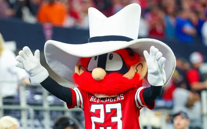 Dec 6, 2025; Arlington, TX, USA; Texas Tech Red Raiders mascot during the first half against the BYU Cougars at AT & T Stadium. Mandatory Credit: Kevin Jairaj-Imagn Images