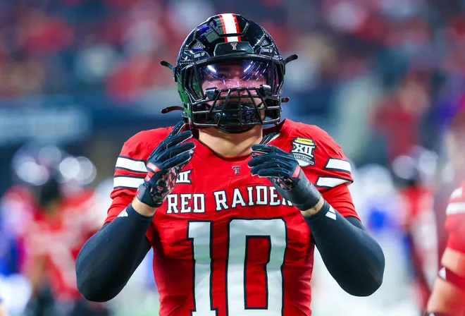 Dec 6, 2025; Arlington, TX, USA; Texas Tech Red Raiders linebacker Jacob Rodriguez (10) warms up before the game against the BYU Cougars at AT & T Stadium. Mandatory Credit: Kevin Jairaj-Imagn Images