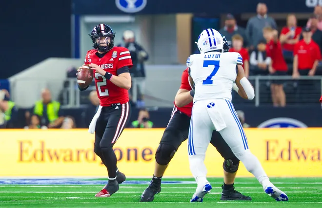 Dec 6, 2025; Arlington, TX, USA; Texas Tech Red Raiders quarterback Behren Morton (2) throws during the first quarter against the BYU Cougars at AT & T Stadium. Mandatory Credit: Kevin Jairaj-Imagn Images