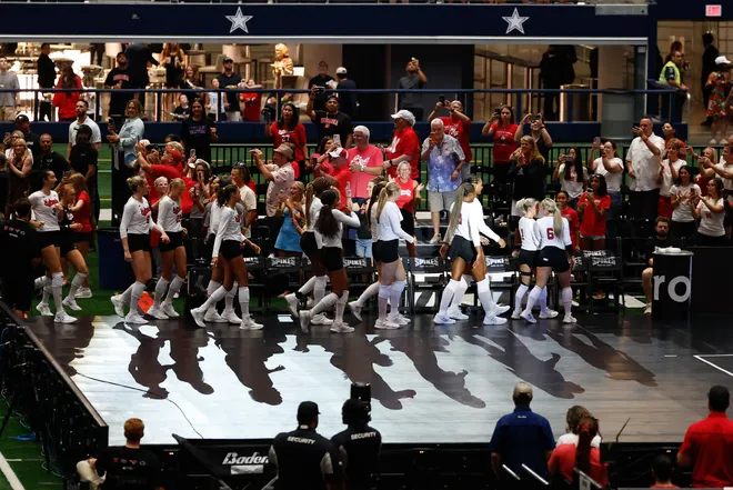 Aug 27, 2026; Arlington, TX, USA; The Nebraska Cornhuskers are introduced before their volleyball match at AT & T Stadium. Mandatory Credit: Chris Jones-Imagn Images